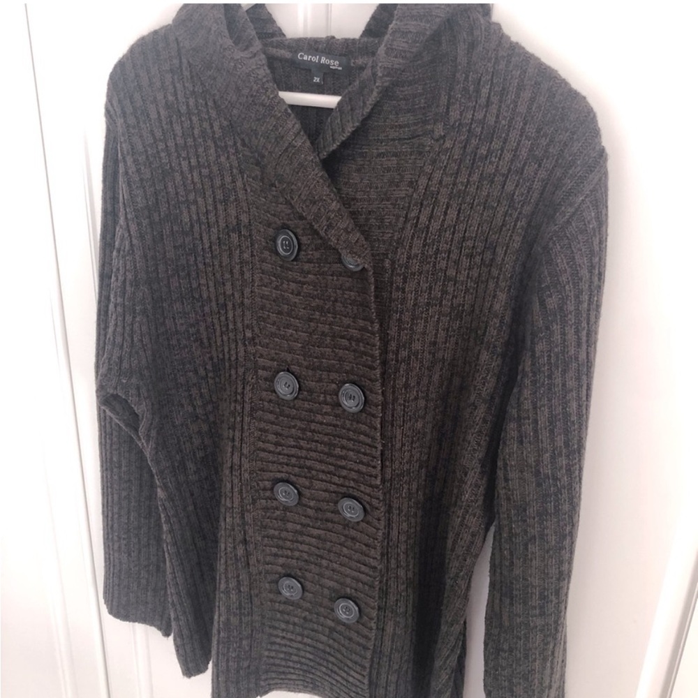 2X Hooded Cardigan Double Breasted Button Up Ribbed Open Knit Brown Black
